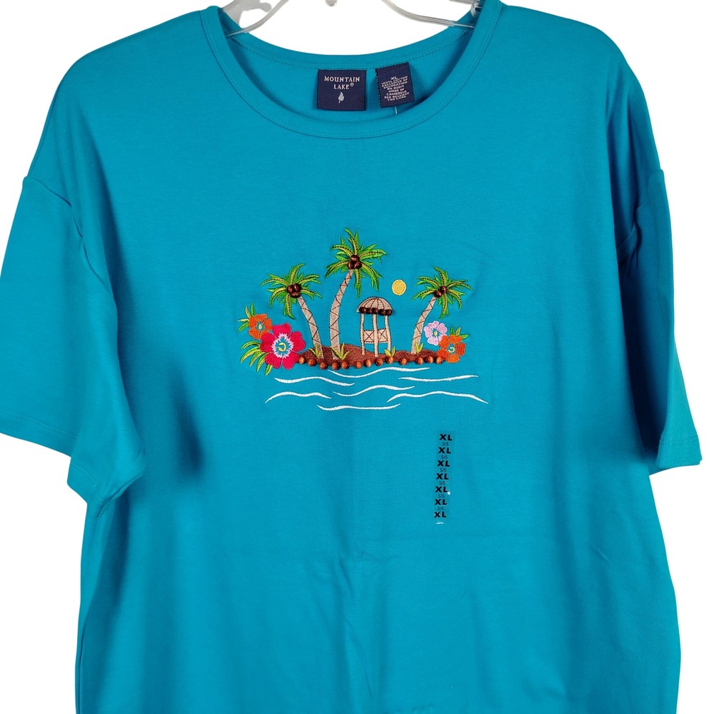NWT Mountain Lake Womens XL Tropical Island Embroidered Tee Turquoise Cotton XL